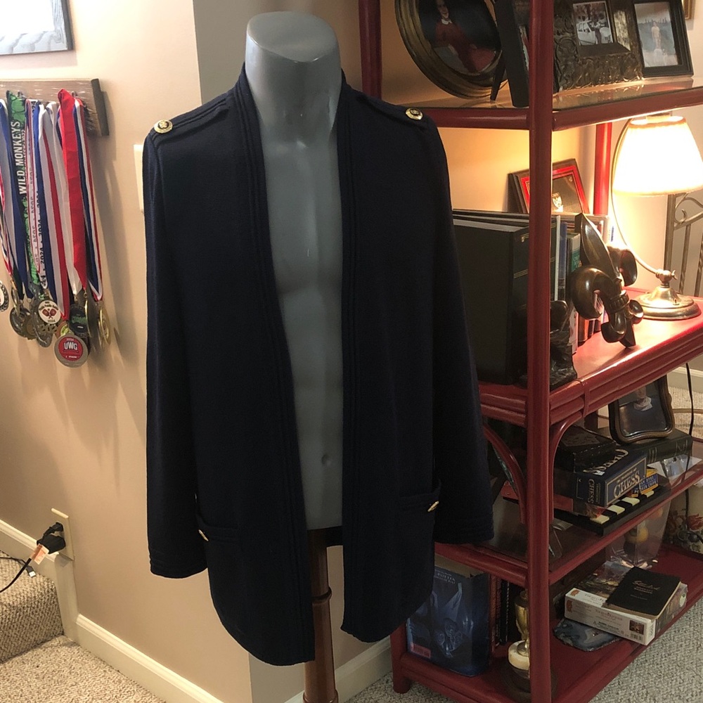 St John Basics Santana Open Front Cardigan Jacket Navy Knit Gold Buttons